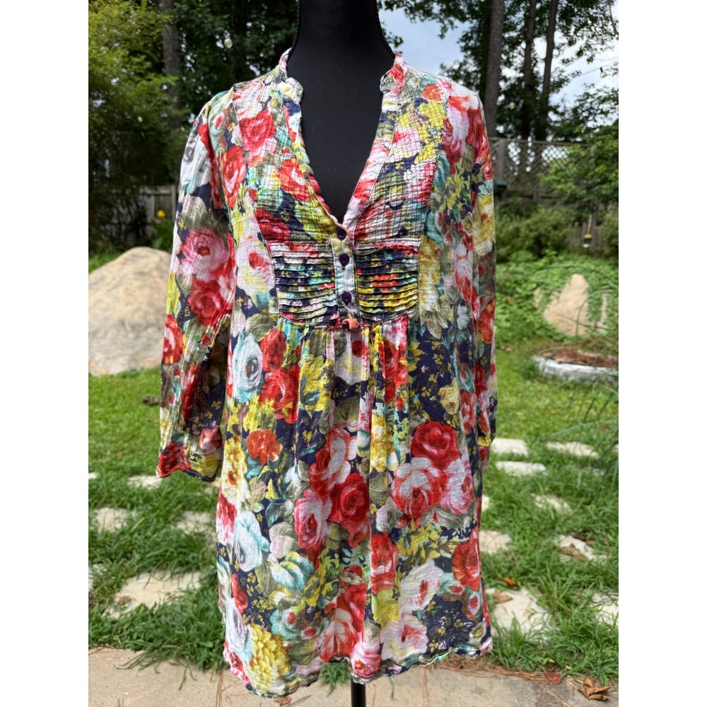 Cotton Daisy Womens XL Floral Gauze Tunic Blouse Pintuck 3/4 Sleeve Multicolor
